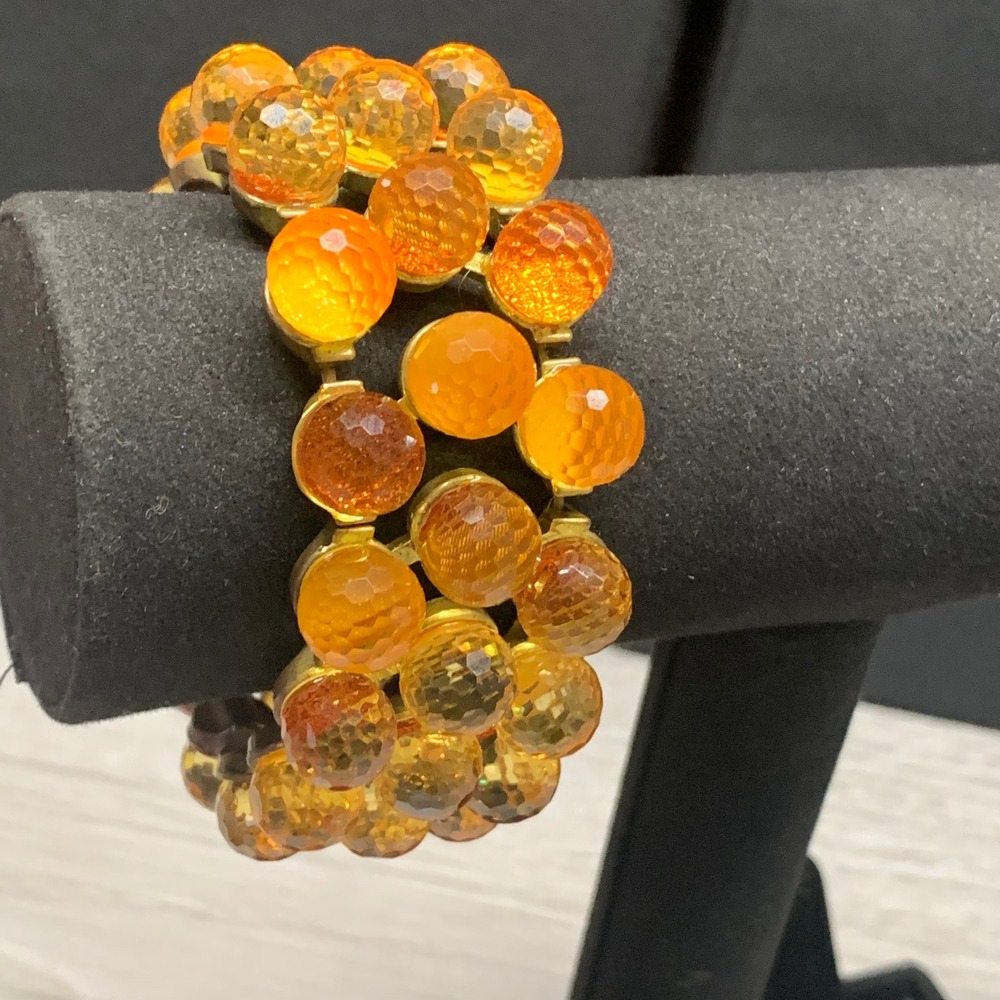 Vintage Amber Faceted Bead Triple Row Stretch Bracelet Brass Tone Boho 5683